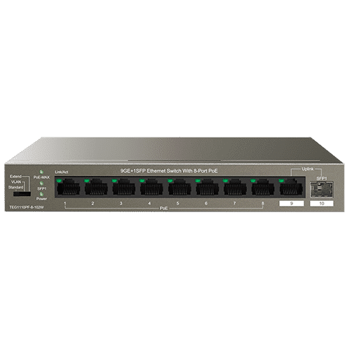Switch 8 porturi Gigabit PoE, 1 port Uplink Gigabit, 1 port SFP Uplink Gigabit - Tenda TND-TEG1110PF-8-102W