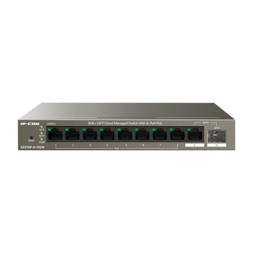Switch 8 porturi PoE, 1 port RJ45, 1 port SFP, Gigabit, Cloud Management – IP-COM G2210P-8-102W