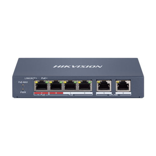 Switch 4 x RJ45 100 Mbps PoE at/af/bt, 2 x RJ45 100 Mbps Uplink, Management - HIKVISION DS-3E1106HP-EI